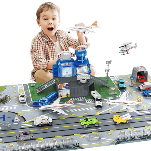 deAO Airplane Toys for Kids & Trucks, Helicopter, Planes, Signs, Playmat | Airport Toys, Fire Trucks, Large Airport Playmat, Great Aeroplane Toys, Role Play Plane Toys, Birthday Gift for 3+ Kids