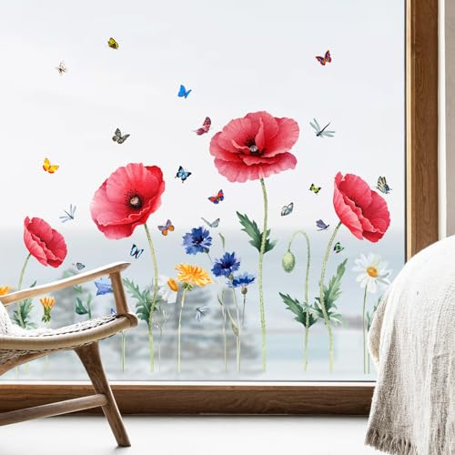 Supzone Fensteraufkleber mit roten Blumen, Schmetterling, Frühlingsblumen, wiederverwendbar, dick, Anti-Kollision, doppelseitig, Fensteraufkleber für Wohnzimmer, Zuhause, Fenster, Glastür, Dekoration