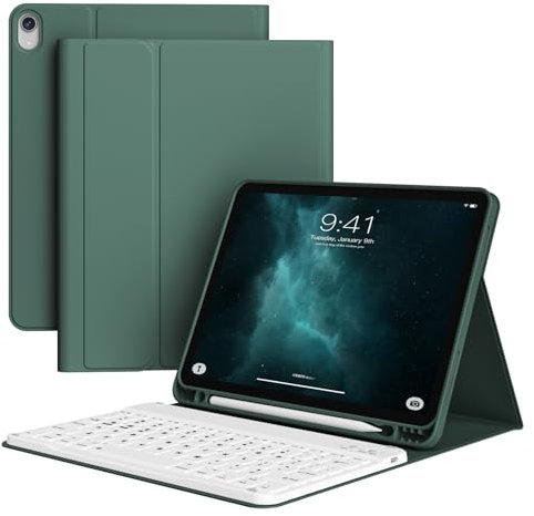 KVTVOU Keyboard Case for iPad 11th Generation A16 2025 / iPad 10th Generation 2022 10.9 Inch, Magnetic Removable Bluetooth Keyboard, Four Corners Anti-Fall, Built in Pencil Holder, Dark Green