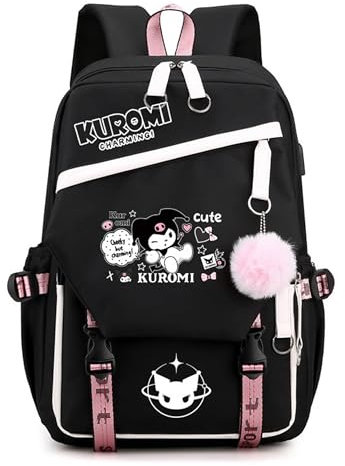 Roffatide Anime Kuromi Print Business Casual Laptop Schultern Rucksack Reise Wandern Daypacks Rucksack 17 Zoll Schwarz (mit niedlichen Anhängern)