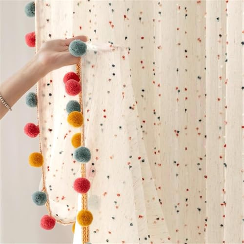 Durchsichtiger Boho-Vorhang mit bunten Bommeln, Voile, lichtfilternd, Kunstleinen, gestreift, Pompon, Stange, Tasche, Fenstervorhänge für Jungen/Mädchen, Schlafzimmer/Kinderzimmer, 2 Paneele (B 132 x