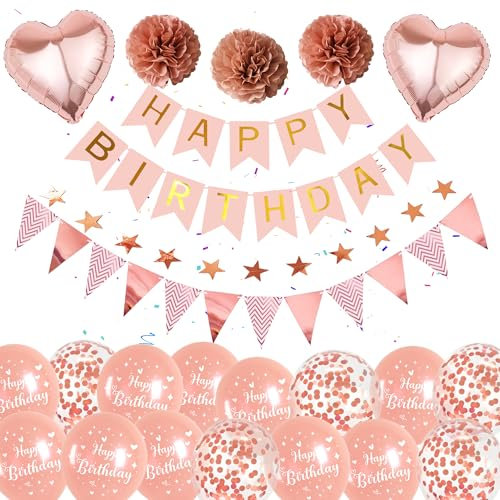 Rosegold Luftballons Geburtstag Dekoration für Frauen - Happy Birthday Banner, Wimpel, 2m Sternen-Girlande, Konfetti Ballons, Pompons, Geeignet für alle Altersgruppen(Mädchen, Kinder)