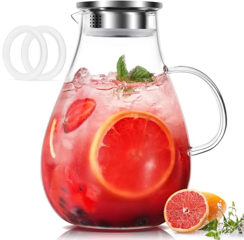 LUNA & MANTHA Glaskrug, 2,5 l Glas-Wasserkrug mit Deckel, großer Heiß-/Kaltwasserkrug, Borosilikat-Trinkkrug für Eistee, Sangria und Kaffee, Getränkekaraffe mit 2 Silikonringen
