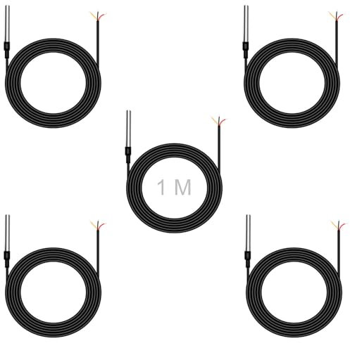 Temperatursensor 1M Temperaturkabel,ENOPYO Digitaler Edelstahl Wasserdichte Sonde Temperaturfühler Anwendbar für Shelly Temperatursensor,Arduino und Raspberry Pi, Inklusive Ebook (5 Stk)