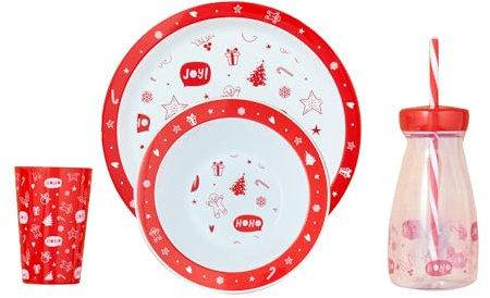 Christmas Xmas Feeding Set for 3+ Years, Festive Lunch Dinner Christmas Santa Reindeer Themed Dinnerware Lunch Food Set for Kids Children Tiny to Tots (3 Piece Set + Milk Bottle, One Size)