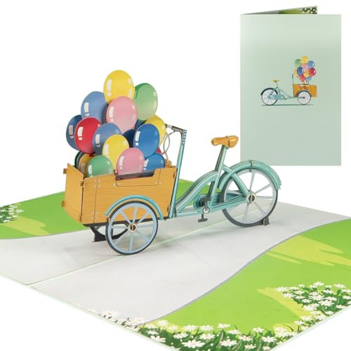 Sweetpopup® Pop Up Karte Glückwunsch - 3D Geburtstagskarte | Glückwunschkarte für Frauen, Männer | Gratulation, Geburtstag, Vatertag, Muttertag | Glücksbringer-Rikscha-Fahrrad voller Luftballons 198