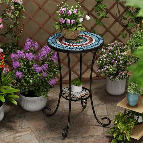 Outdoor Round Side Table,Ceramic Top Patio End Table with Metal Frame,Modern Small Accent Table Coffee Tea Table for Patio Garden Balcony Porch Indoor 14 Mosaic Mystique