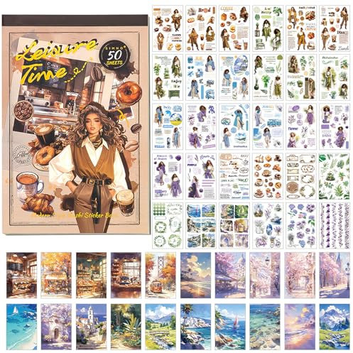 Moderne Scrapbook Aufkleber Buch mit 400PCS ästhetischen Aufkleber 20PCS Scrapbook Papier, Vorgeschnittene Menschen Aufkleber Washi Aufkleber für Journaling Wasserflasche Album, Telefon Fall, Laptop