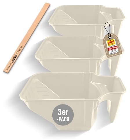 3X mako Profi Farbwanne easyCUP Komfort – cremeweiß– Ergonomischer Farbtopf mit Haltegriff, extra hohen Seitenwänden und Abrollfläche für Kleinflächenroller inkl. praktischem Farbrührholz als Zugabe