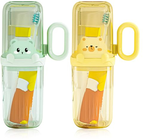 SacJkt Zahnputzbecher Kinder, 2 Stück Zahnbürsten Etui Set mit abnehmbarem Griff, Zahnbürstenhalter für Geschäftsreise, Schulcamping, Reisen oder den täglichen Gebrauch(Gelb + Grün)