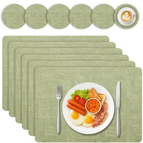 Niviy Placemats and Coasters Set of 6 - Christmas Table Mats PU Leather Heat-Resistant Waterproof Place mats for Table Indoor/Outdoor, 43x30cm Washable Dining Mats for Home & Restaurant (Green)