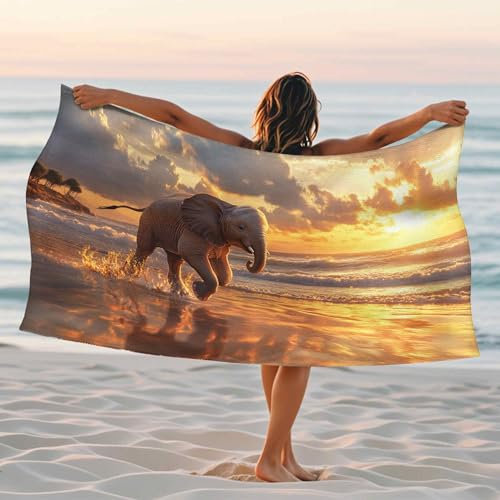 Fanciful Strandtuch, Elefanten-Sonnenuntergang, Mikrofaser-Handtuch, schnell trocknend, weich, sandfrei, leicht, ideal für Sommer, Urlaub, Pool, Camping, Essentials, 178 x 89 cm