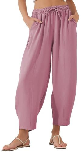 WINKEEY Pantaloni Donna Estivi Pantaloni Donna Eleganti Vita Alta 7/8 Pantaloni Larghi a Palazzo con Tasche,Viola Rosa XXL