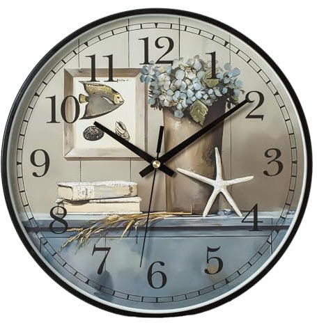 NUOVO 12 Zoll Vintage Wanduhr, Mediterraner Stil Uhr, Sweet Home Wanduhr, Maritimes Design mit Fischen und Blumen, Dekorative Uhr für Wohnzimmer, Küche, Büro, Schlafzimmer