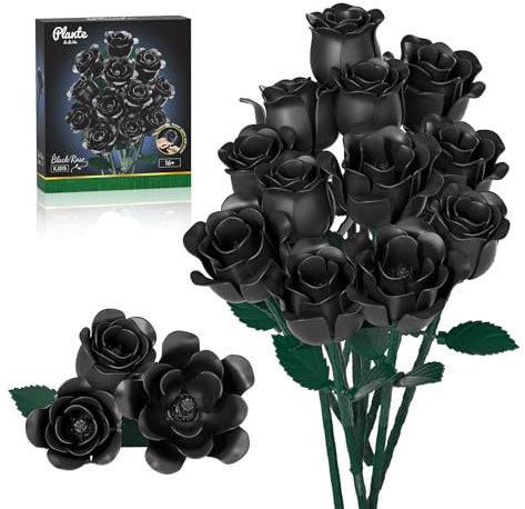 JAKI Black Rose Bouquet Building Set, 12 Gothic Matte Roses Flower Building Kit,Flower Botanical Collection Home Decor for Halloween, Christmas, Birthday Gifts for Her