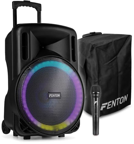 Fenton FT15LED MK2 15 Portable PA System with Rechargeable Battery, Wireless Microphone, Bluetooth, MP3, Custom-Fit Protective Cover, Mobile Karaoke Speaker, Complete Party Solution, 800W