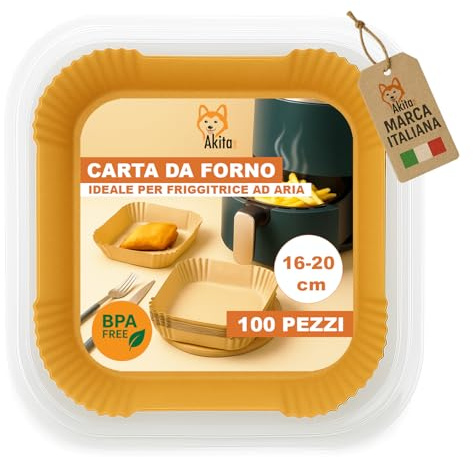 AkitaInk Carta Forno Antiaderente Quadrata per Friggitrice ad Aria - Monouso, BPA Free, Compatibile con Air Fryer, Forno, Padelle e Microonde 5-8 Litri (16-20 cm 100 PZ)