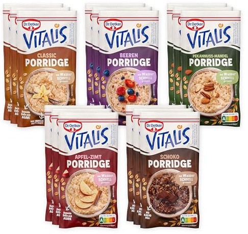 Dr. Oetker Vitalis Porridge im 25er Probier-Set, alle 5 Sorten 5x, Porridge Classic, Schokoladen, Beeren, Pekannuss-Mandel, Apfel-Zimt, Haferbrei mit Hafervollkornflocken