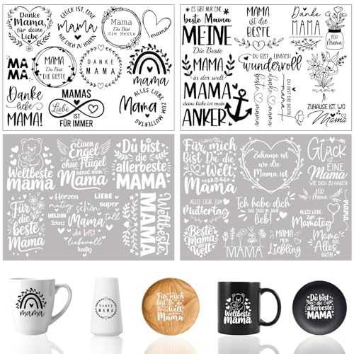 4 Stück Rub On Sticker Muttertag Transferaufkleber Selbstklebend Beste Mama Rub On Folie Sprüche Schwarz und Weiß DIY für Glas Raysin Möbel Gips