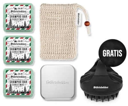 Störtebekker® Premium Duschset - Festes Shampoo Weihnachtsedition (x3), Sisalsäckchen, Seifendose Aluminium + GRATIS Scalp Brush - Shampoo Set für Haare & Kopfhaut - Handgefertigt