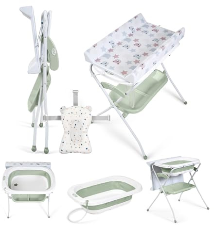 Ms BabyWorld ZOE - Bañera Bebe con Patas, Cambiador, Cojín Reductor y Cesta Portaobjetos - Comoda, Facil de Guardar, con Tapón y Patas Antideslizantes - Bañera Bebé Plegable y Portatil (Verde)
