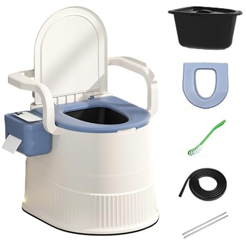 Silla de inodoro portátil, silla de inodoro con funda para asiento de inodoro y cepillo, inodoros portátiles para adultos con respaldo y reposabrazos, capacidad de 150 kg, para personas mayores