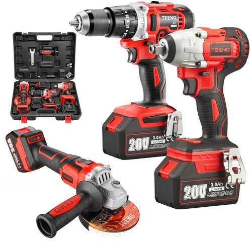 TEENO Kit 3 in 1: Trapano, Chiave a impulsi, Smerigliatrice Angolare | Dotato motore brushless, due batterie 3Ah, fanale LED e velocità variabile, perfetto per taglio, foratura e fissaggio