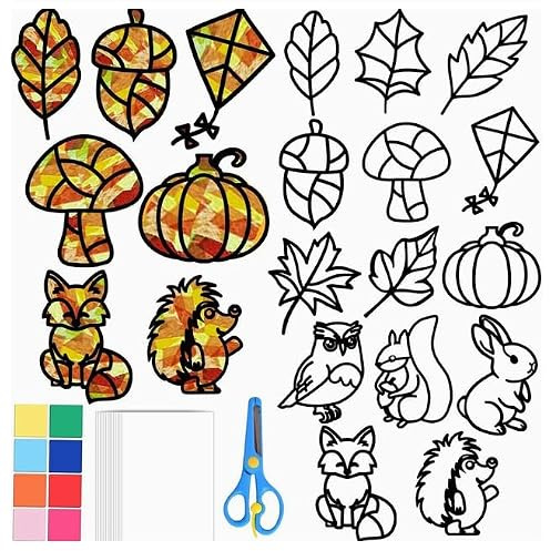 xiaoxiaozhijia Bastelset Herbst Kinder,Fensterbilder Herbst zum Basteln | Selbstklebende Motive aus Papier, 12 bis 13 Vorlagen mit 32 Buntpapieren, Schere, für Schule, Familie und Geschenke