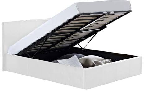 Direct Furniture Suppliers LUNA - UK 5FT Kingsize Gas Lift Up Ottoman Storage Faux Leather Space Saving Bedframe (H:88.5cm x W: 168cm x L: 213cm) (White)
