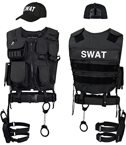 Black Snake® SWAT FBI Police Security Kostüm inkl. Einsatzweste, Pistolenholster, Gürtel, Handschellen und Baseball Cap - M/L - SWAT