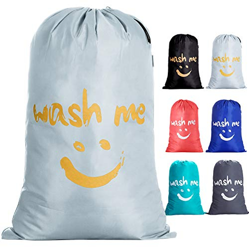 IHOMAGIC Reise Wäschesack mit Kordelzug Wash me Wäschesammler Wäschetasche Wäschebeutel Groß Wäschekorb Aufbewahrungstasche für Wohnungen oder Häuser Goldene Lächeln Wäschebehälter 66x96cm, Silbrig