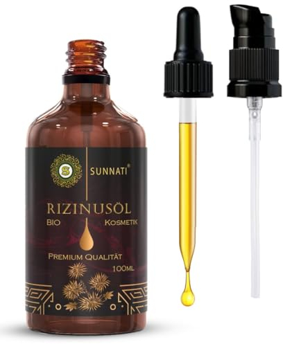 Sunnati® Bio Rizinusöl Kaltgepresst 100% Rein - Organic Castor Oil for Hair Growth - 100ml Rizinus Öl für Wimpern, Augenbrauen, Haare, Bart, Nägel, Haarwachstum - Glasflasche mit Pipette & Pumpe