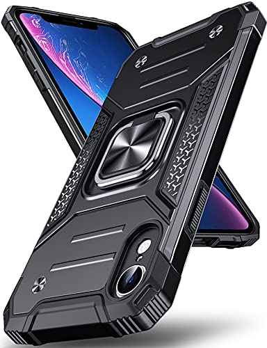 DASFOND Armor Hülle für iPhone XR Case mit Kameraschutz Militär Stoßfest Handyhülle [Upgrade 2.0] 360 Grad Metal Ring Halter Ständer Schutzhülle [für Handyhalterung Auto Magnet], 6,1 Zoll, Schwarz