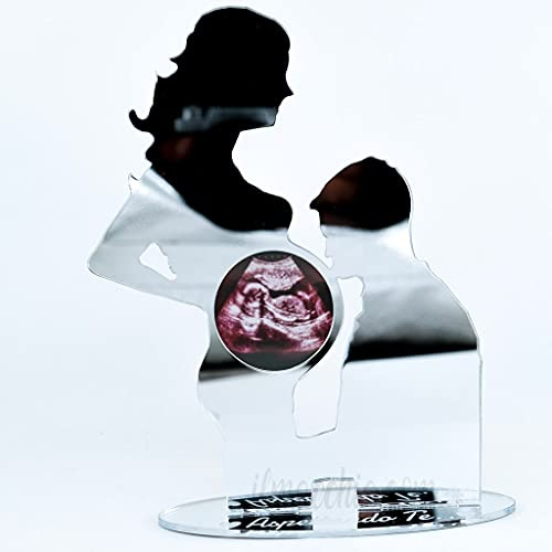 Il Macchia Porta ecografia Donna incinta cornice per foto neo Mamma in gravidanza in plexi acrilico argento specchiato Con incisione Aspettando te e Cuori con coppia di genitori