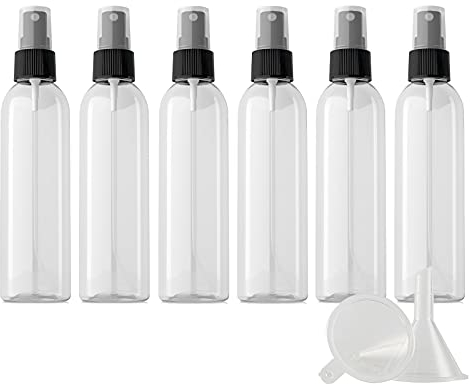 ZEOABSY Pack of 6 Refillable Plastic Spray Bottles with Black Sprayer, 150 ml Transparent Empty Fine Mist Travel Sprayers, Ideal for Makeup Care Household Cleaning + 1 x Funnel
