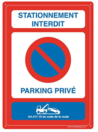 AUA SIGNALETIQUE - Panneau Prépercé (4 Trous) avec Angles arrondis - PVC Rigide 1.5 mm - (350x490 mm, Stationnement Interdit Parking privé)