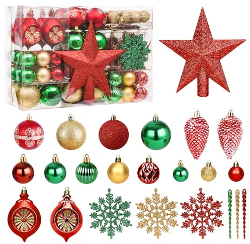 MeetXmas 100 Stück Weihnachtsbaumkugeln Ornamente, goldfarben, rot und grün, Weihnachtskugel-Ornamente für Weihnachtsbaum, bruchsichere hängende Weihnachtsbaumdekorationen