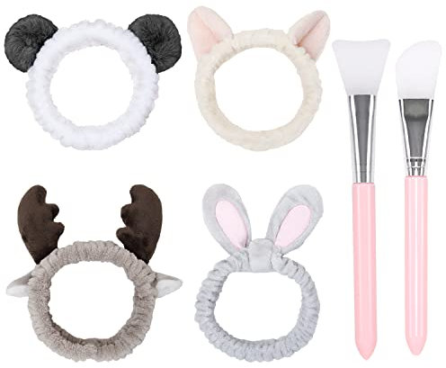 4 Stück Make-up-Haarbänder für Mädchen/Frauen mit 2 Silikonbürsten, stylischem, elastischem, rutschfestem Stirnband, multifunktionalem Spa-Yoga, süßen Ohren und schönem Cartoon-Styling.