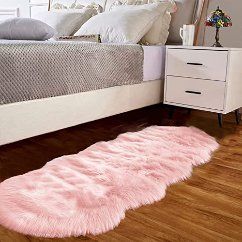 Goolela Pinker Fellteppich für Schlafzimmer, Schaffell-Teppich, 5 x 15 cm, flauschiger Läufer, Wohnheim, flauschig, niedlich, Zottelteppich, Dekoration, waschbares Schaffell