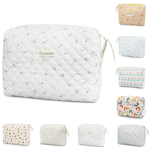 Kulturbeutel, Baumwolle Blumen-Reise-Make-up-Tasche, Tragbare Kosmetiktasche für Frauen und Mädchen, Kirsche-Weiß, Blumenmuster