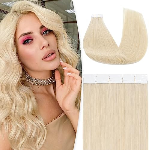 Benehair Tape in Extensions Echthaar, Invisible Tape Extensions Echt Haar, 20Pcs 30g Haarverlängerung Echthaar Tapes, Remy Natural Tapes Extensions Echthaar, 40 CM Platinblond #60