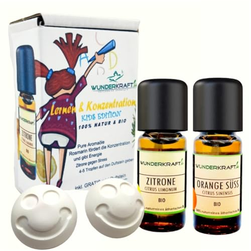 Lernen & Konzentration KIDS EDITION 100% naturreine ätherische Öle im Set, BIO Zitronenöl + BIO Orangenöl + 2 Emoji Duftsteine, von WUNDERKRAFT.bio