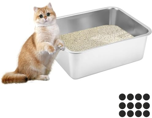 Lohofrnny Edelstahl Katzenklo, 60×40×15cm Große XXL Katzentoilette aus Edelstahl, Katzenklo Geruchsfrei für Großes Häschen und große Katze, leicht zu reinigen, Anti-Rutsch Gummiboden