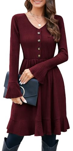 ULTRANICE Strickkleid Damen Herbstkleid Winterkleid V Ausschnitt Pulloverkleid mit Deko Knopf Herbst Winter Kleid (Dark Red, S)