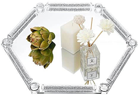 Hebaogugu Bandeja de espejo de cristal, bandeja de espejo plateada con marco de diamante para cosméticos, perfumes, joyas, bandeja decorativa de perfume de cristal para baño, dormitorio, tocador