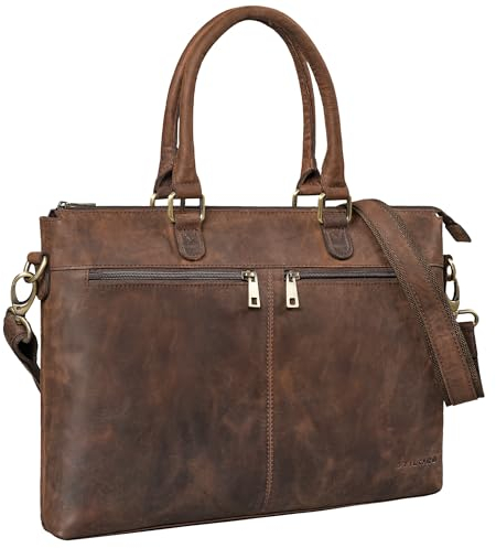 STILORD 'Bailey' Business Laptop Bag Leather 15 inch Large for Work Office Meeting Vintage Notebook Bag Shoulder Bag Trolley Attachable, Colour:zamora - brown