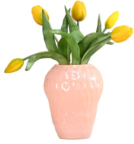 INIFLM Erdbeer-Dekor, Niedliche Dekorative Glasvase, Vintage-inspirierte Keramik-Blumenvase, Obst-Erdbeer-Blumenarrangement, Glas-Blumenvase, Obst-Erdbeer-Vase(Großes Rosa)