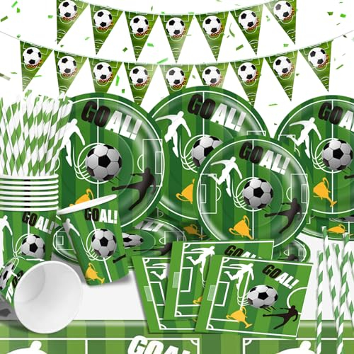 Football Tableware Set, Football Boys Birthday Paper Plates, Napkins and Cups Tablecloth Bunting, Green Soccer Sports Theme Party, Football 2024 European Party Decorations Supplies,16 Guests