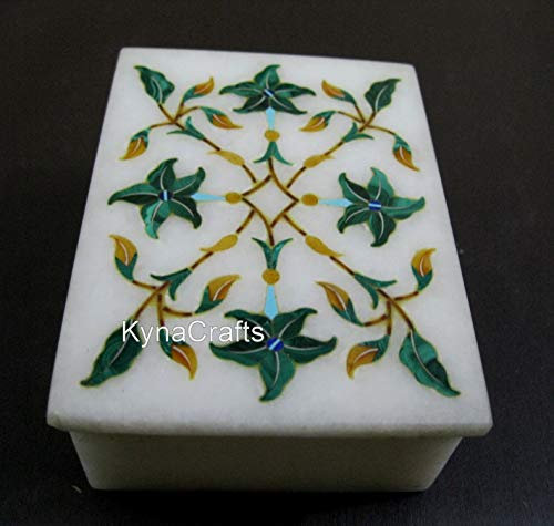 Heritage Art and Crafts Schmuckschatulle mit Malachitsteineinlage, rechteckiger Form, weißer Marmor, 7,6 x 5,1 cm