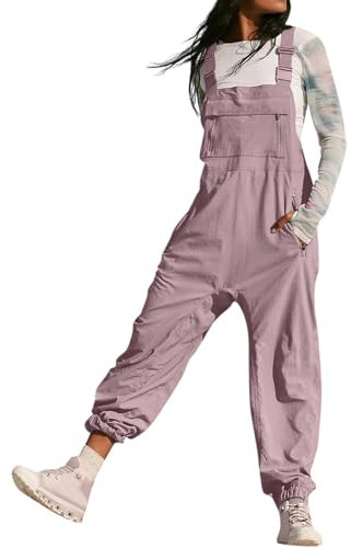 BRONG Donna Salopette Gamba Larga Tuta Regolabile Cinghie Regolabili Pantaloni Tasca con Zip Salopette Vestibilità Ampia a Sacchetto Lunga Tuta Rosa L